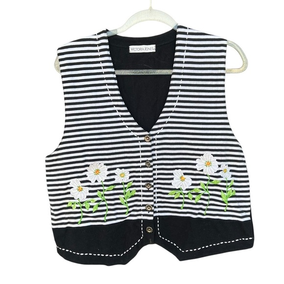 VTG Victoria Jones Kitschy Striped Daisy Vest Black White Embroidered Teacher - Picture 1 of 7